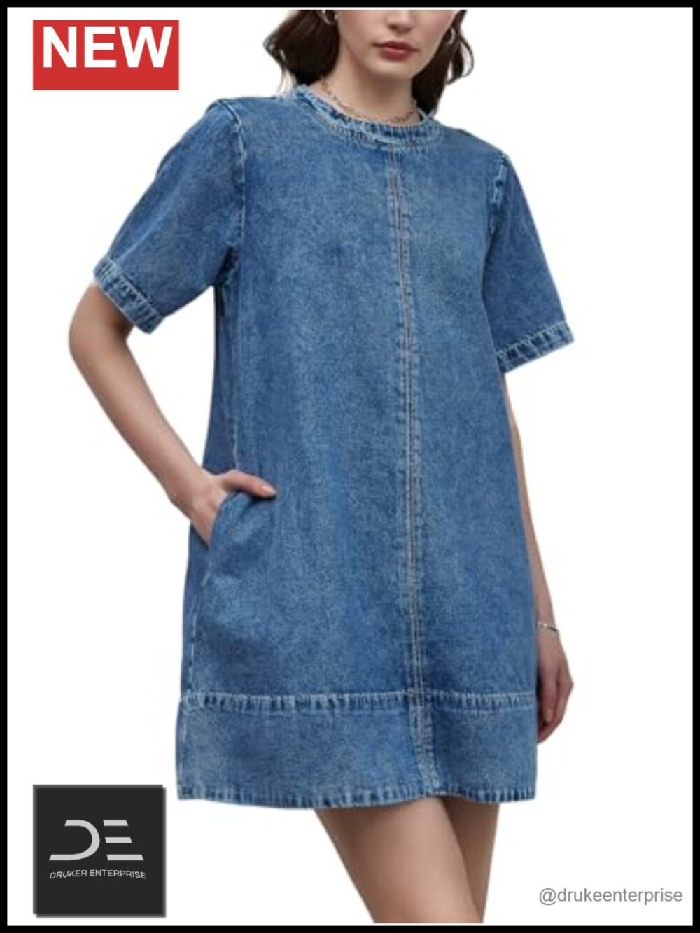 Denim Mini Dress Short Sleeve Chambray Jean Dress Pockets